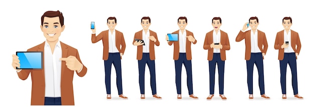 Joven hombre de negocios guapo con ropa casual con aparatos de teléfono y tableta conjunto vector aislado