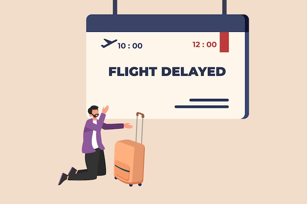 Joven hombre de negocios con maleta decepcionado por el retraso del vuelo Concepto tardío Ilustración vectorial plana coloreada