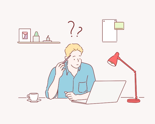 joven, hombre de negocios, usar la computadora portátil, en, lugar de trabajo