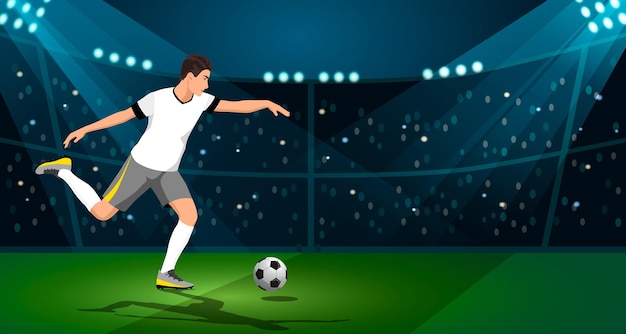 Vector joven hombre niño fútbol jugador de fútbol patada disparar bola penalización pase campo tiroteo futbolista equipo partido objetivo acción actividad deportista profesional campeón vector ilustración