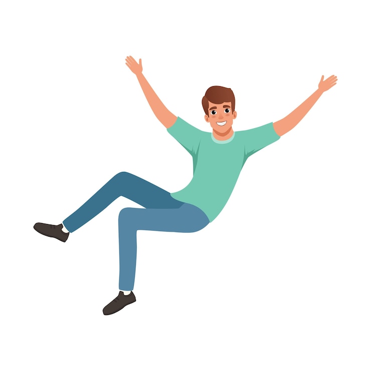 Vector joven hombre sonriente en acción de salto con los brazos abiertos personaje de dibujos animados con cara feliz