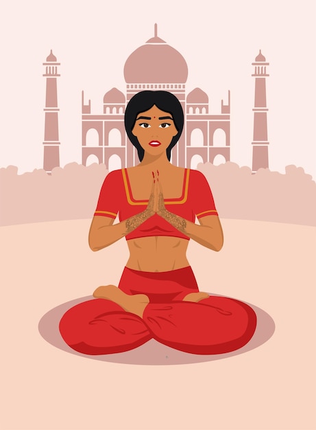 Vector una joven india está haciendo yoga sentada en una posición de loto en el fondo del taj mahal