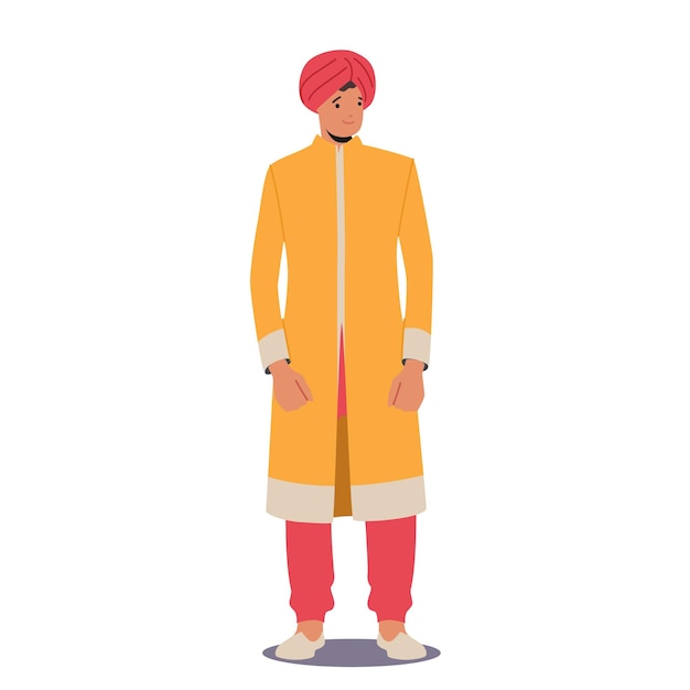 Vector el joven indio usa túnica larga amarilla, turbante rojo y pantalones, personaje masculino, usa ropa tradicional aislada en blanco