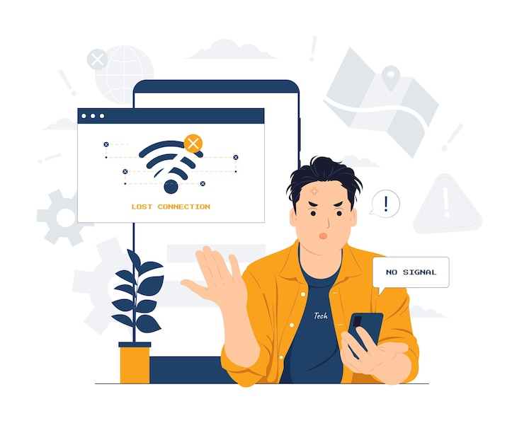 Vector un joven infeliz que mira el teléfono se siente enojado por el mal trabajo del dispositivo. la desconexión de internet perdió datos. usuario masculino ansioso insatisfecho con la ilustración del concepto de servicio.