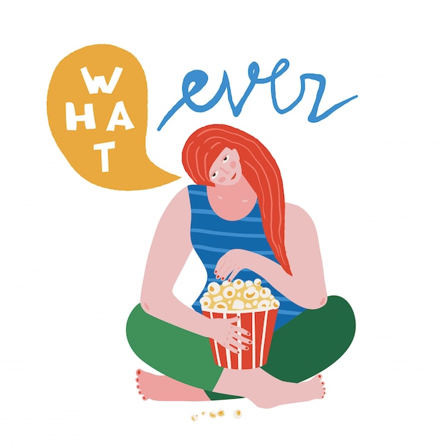 Joven infeliz sentada comiendo palomitas de maíz diciendo cualquier color bloquea el diseño colorido moderno