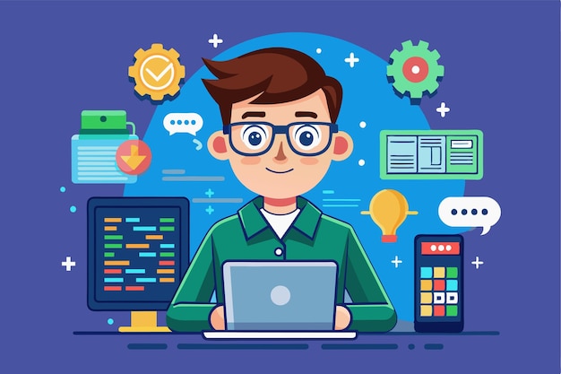 Un joven ingeniero de software escribe en una computadora portátil con varios iconos tecnológicos y herramientas mostradas a su alrededor Ingeniero de software Ilustración de dibujos animados personalizable
