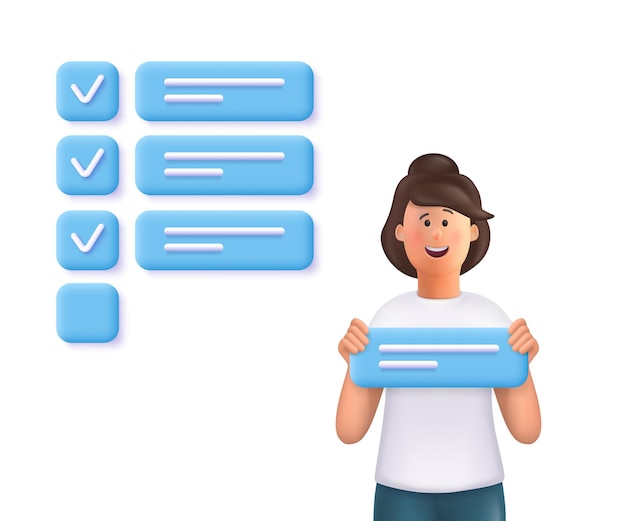 La joven Jane sosteniendo un cartel de tarea, de pie cerca de una lista de verificación marcada gigante. Concepto de finalización de tareas, establecer una tarea, planificación, gestión del tiempo. Ilustración de personaje de gente de vector 3D.