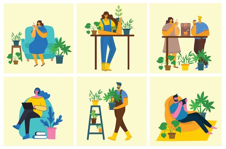 Vector joven jardinero hombre y mujer sosteniendo una maceta.
