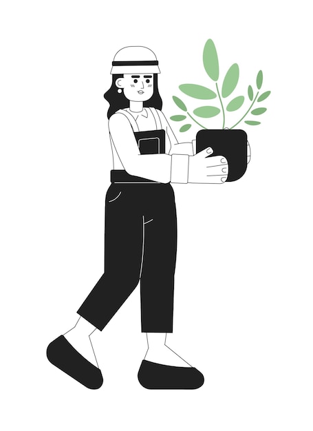 Joven jardinero personaje vectorial plano monocromático Mujer de cuerpo completo de línea delgada editable sosteniendo planta de interior en maceta de cerámica en blanco Imagen simple de dibujos animados bw para diseño gráfico web