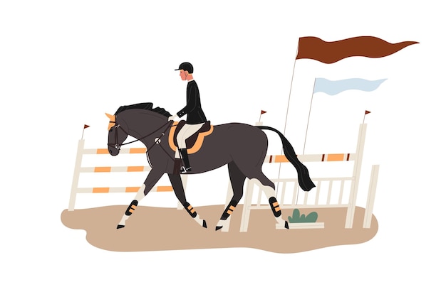 Joven jinete en el hipódromo o torneo ecuestre. Hombre montando a caballo en la competencia. Jinete en el caballo de carreras. Escena de equitación y doma. Ilustración de dibujos animados de vector plano aislado en blanco.
