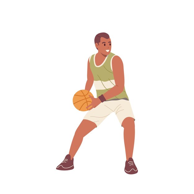 Vector joven jugador de baloncesto activo personaje de dibujos animados de pie en la posición de la pelota ilustración vectorial aislada en fondo blanco joven disfrutando del juego callejero tiempo de recreación saludable de verano