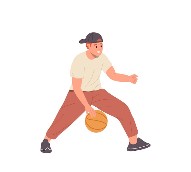 Joven jugador de baloncesto hombre personaje de dibujos animados plano driblando con la pelota jugando al juego de calle ilustración vectorial aislada en fondo blanco Educación física afición y deporte para adolescentes concepto