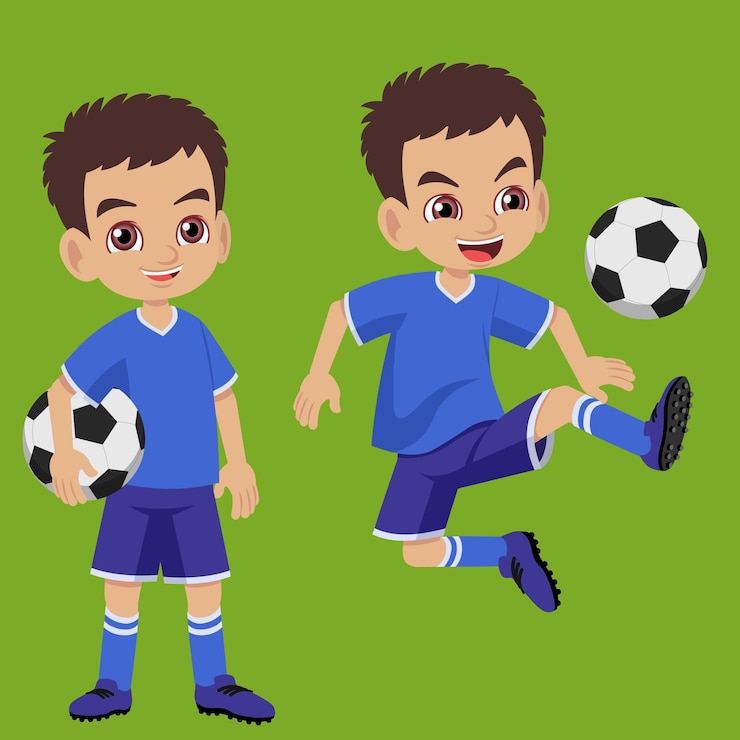 un joven jugador de fútbol con una camisa azul que juega al fútbol