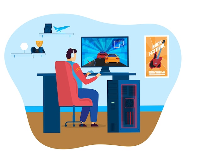 Joven jugador masculino jugando un juego de carreras en la computadora en la configuración doméstica entusiasta con auriculares inmersos
