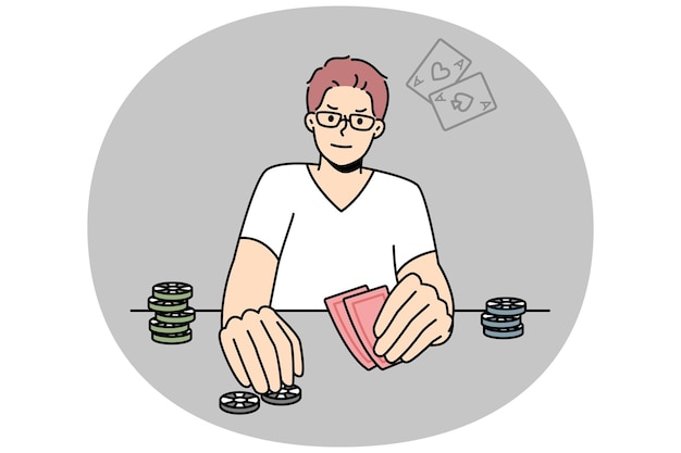 Joven jugando al póquer Jugador masculino dedicado a los juegos de azar disfrutar del juego de cartas en la mesa Ilustración vectorial