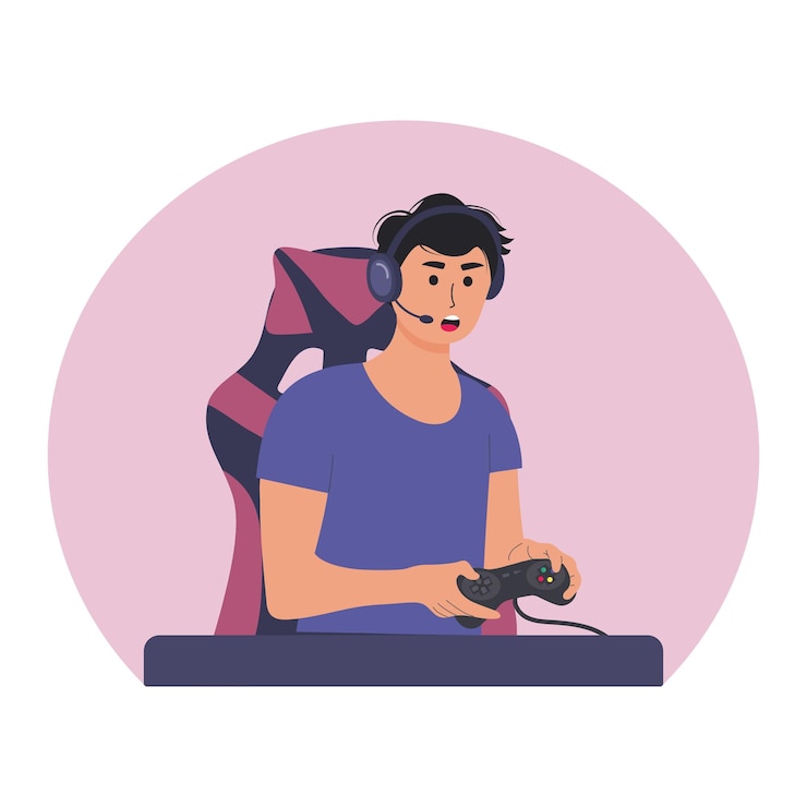 Vector joven jugando videojuegos streamer usando joystick gamepad ilustración vectorial