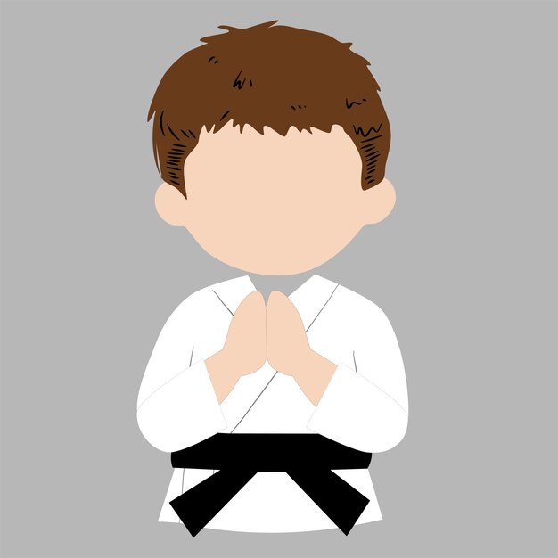 Joven Karate Kid en uniforme blanco con cinturón negro inclinándose en respeto
