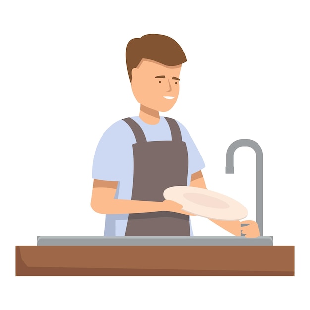 Joven lavaplatos masculino lavando el plato en el fregadero de la cocina del restaurante