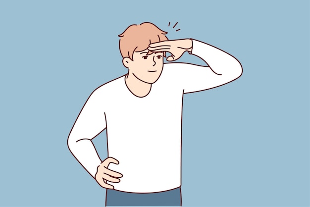 Joven levanta la mano a la frente para ver objetos distantes o proteger los ojos de los rayos solares Imagen vectorial