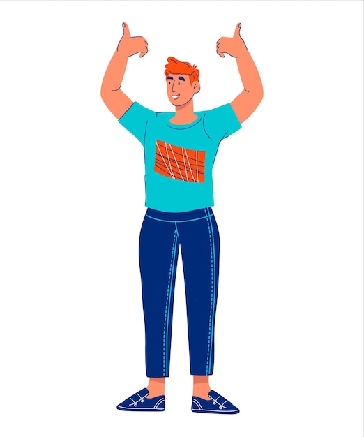 Joven levantando ambas manos con gesto de pulgar hacia arriba, ilustración vectorial de dibujos animados aislada en fondo blanco. Hombre confiado exitoso con gesto de aprobación y felicidad.