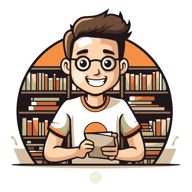 Un joven leyendo un libro en la biblioteca al estilo de dibujos animados