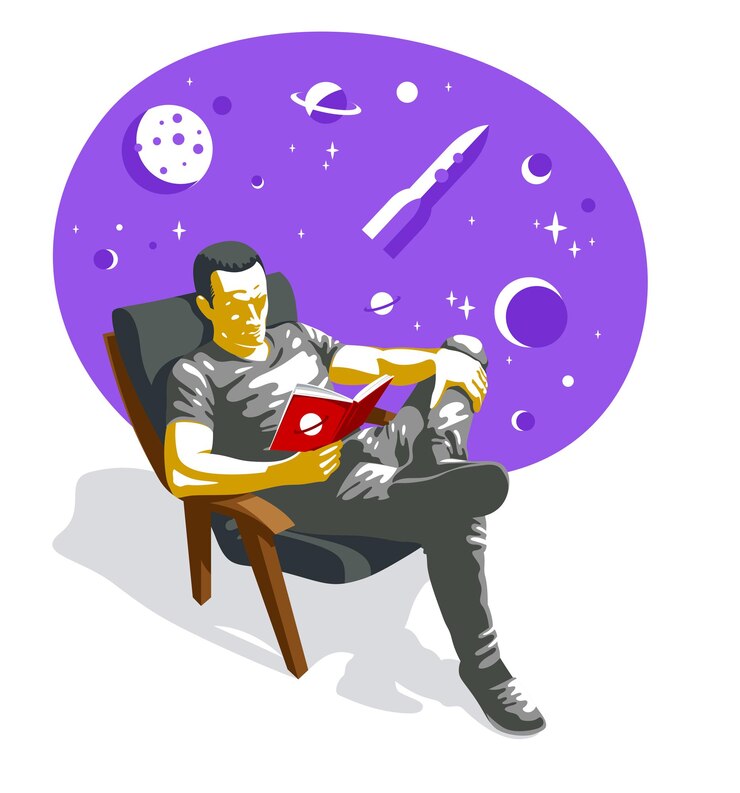 Vector joven leyendo un libro fantástico sobre ilustraciones vectoriales de viajes espaciales aisladas, literatura de ficción sobre aventuras fantásticas del cosmos en un cohete.