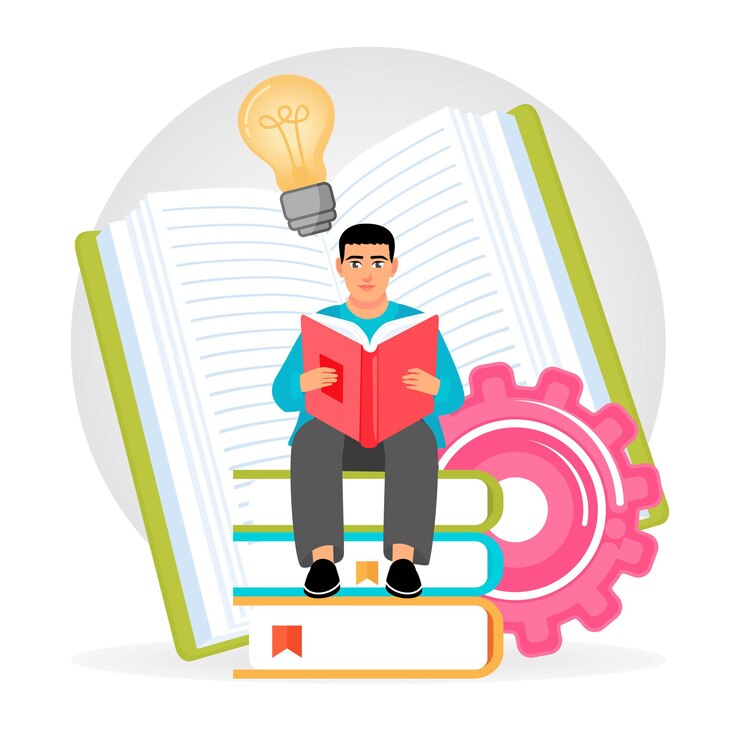 Vector un joven leyendo un libro rodeado de símbolos de aprendizaje