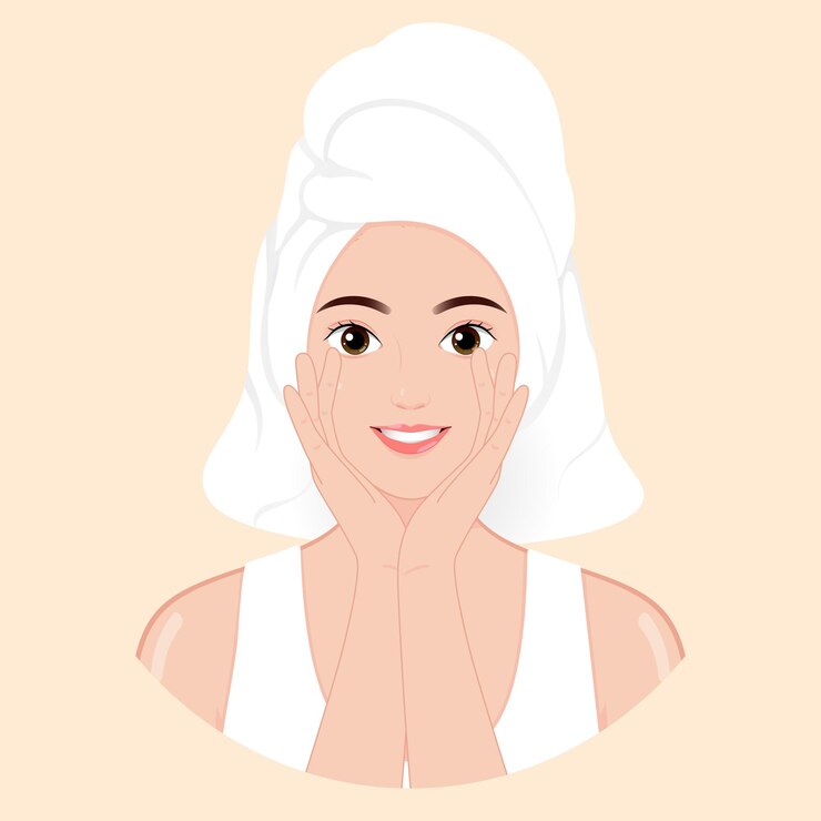 Joven linda chica asiática en una toalla con piel fresca que tocará su propio concepto de belleza de spa facial