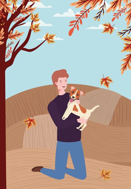 Joven con linda mascota perro en el campamento de otoño