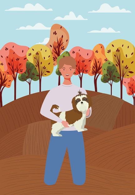 Vector joven con linda mascota perro en el campamento de otoño