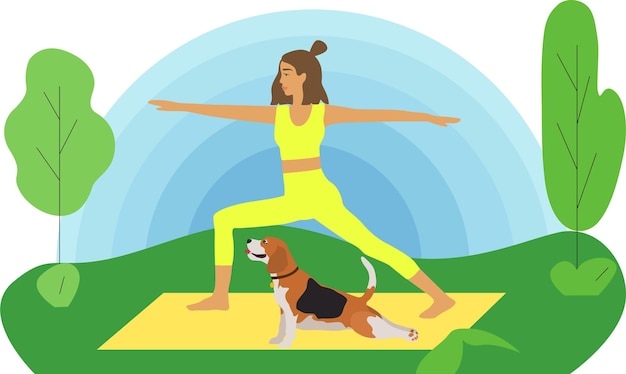 Una joven linda con un perro está haciendo yoga en el parque. Dueño de una mascota feliz. dañando al beagle. Activo