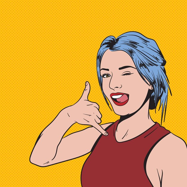 Una joven linda y sonriente con un gesto de teléfono ilustración vectorial de arte pop