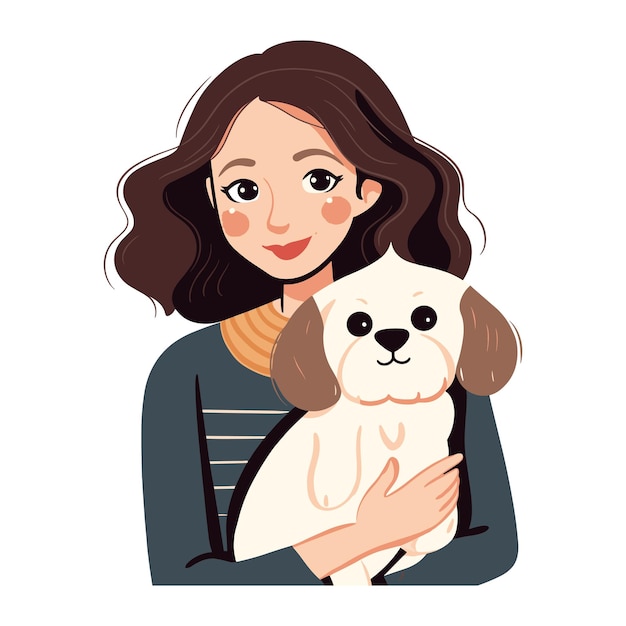 Joven, lindo, mujer feliz, abrazar, perro, con, amor, vector, ilustración, retrato, de, feliz, mascota, dueño