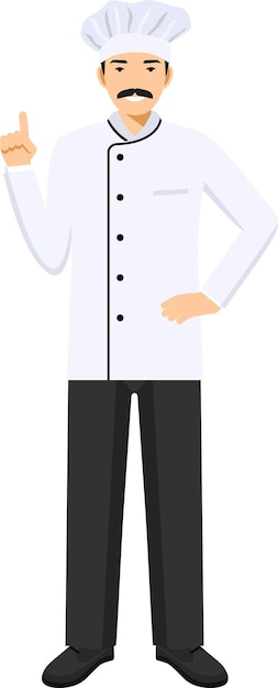 Vector joven, lindo, sonriente, hombre de pie, camarero, en, uniforme, y, chef039s, sombrero, con, bigote, icono, plano, estilo