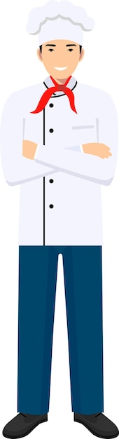 Vector joven, lindo, sonriente, hombre de pie, camarero, en, uniforme, y, chef039s, sombrero, icono, plano, estilo, vector