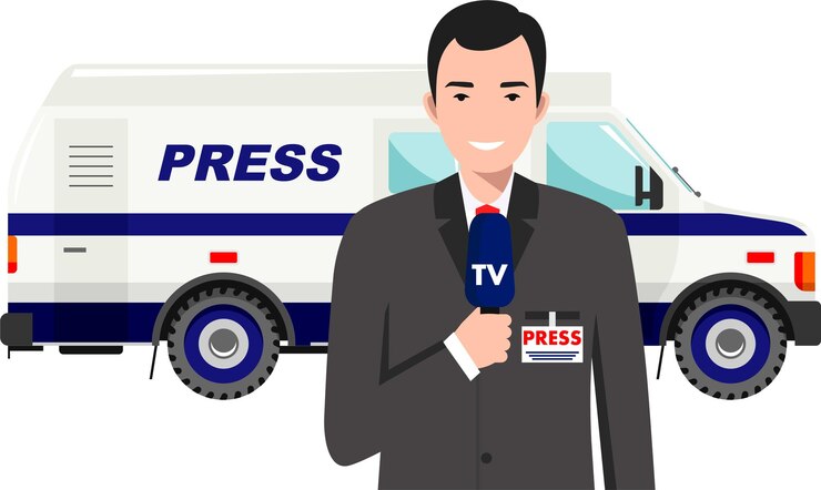 Vector joven lindo sonriente hombre de pie reportero de prensa en traje con micrófono cerca de car crew news icon
