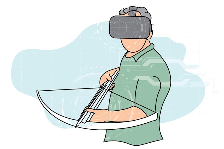 Vector joven listo para apuntar con ballesta virtual concepto de juego vr diseño de ilustración vectorial