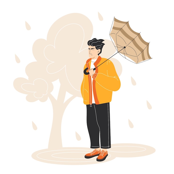 Vector un joven luchando con un paraguas roto en una ilustración de otoño de fuerte lluvia y viento