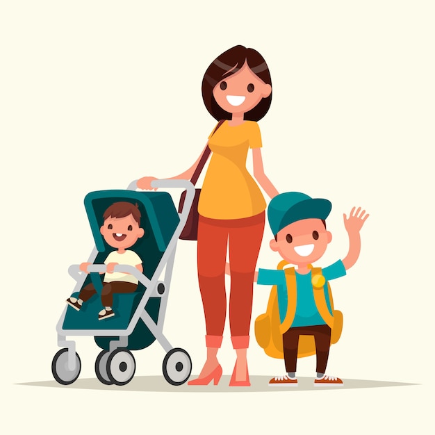 Joven madre con un bebé en un cochecito y un hijo escolar. ilustración vectorial en un estilo plano