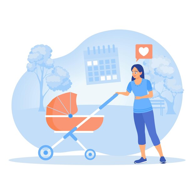 Una joven madre empuja un cochecito en el parque Mujer caminando con un cocheco de bebé Concepto de licencia de maternidad y paternidad Ilustración vectorial plana