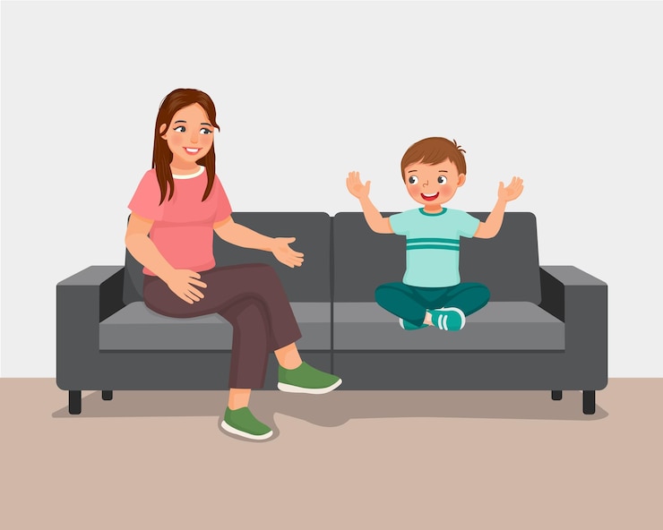 Vector una joven madre hablando con su hijo sentada en el sofá dando consejos estímulo y apoyo