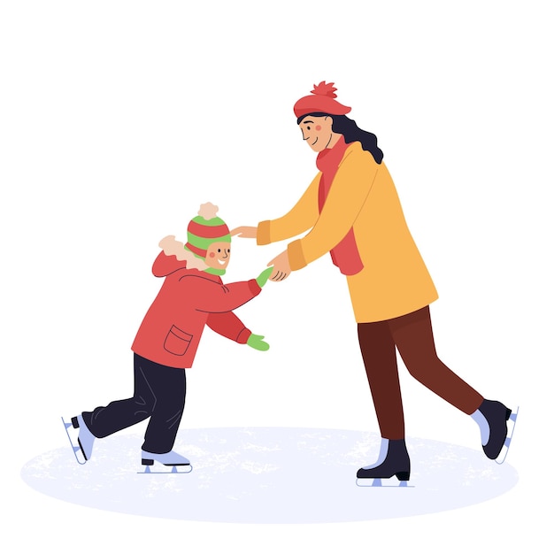 Joven madre con hijo están patinando juntos en la pista de hielo Concepto actividad deportiva de invierno familiar Vector