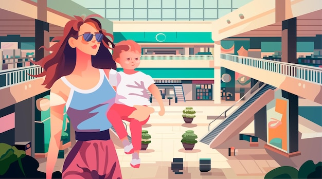 Vector joven madre con hijo pequeño en una tienda minorista moderna con muchas tiendas centro comercial interior horizontal
