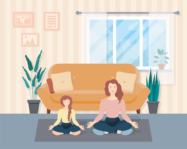 La joven madre y su hija hacen yoga alivian las emociones negativas relajándose en casa Una familia feliz está meditando Ilustración vectorial de personas en el interior en un estilo plano Concepto de meditación