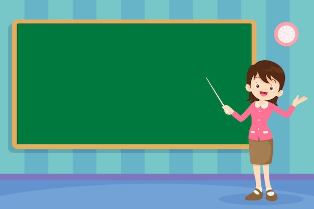 Joven maestra en la lección en la pizarra en el aula