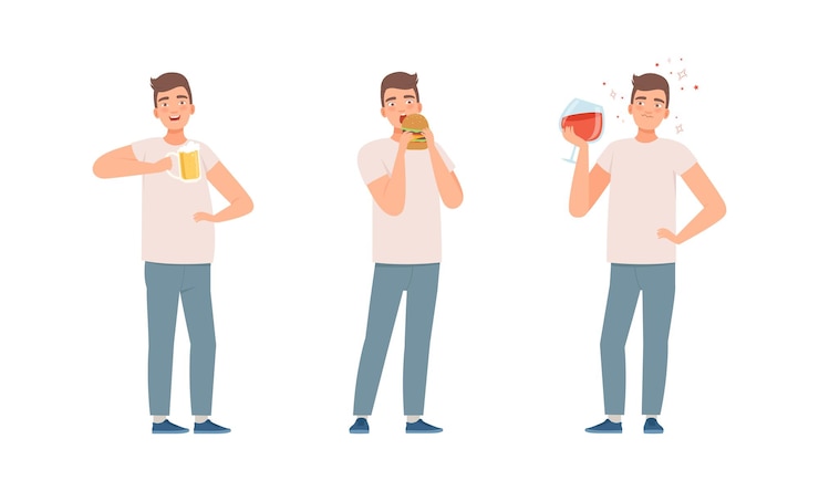 Vector joven con malos hábitos bebiendo alcohol y comiendo hamburguesas