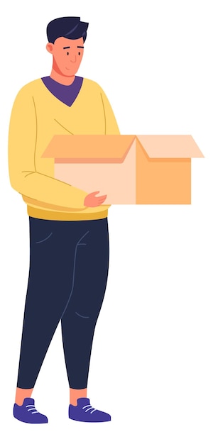 Vector joven mantenga caja de cartón abierta persona con paquete