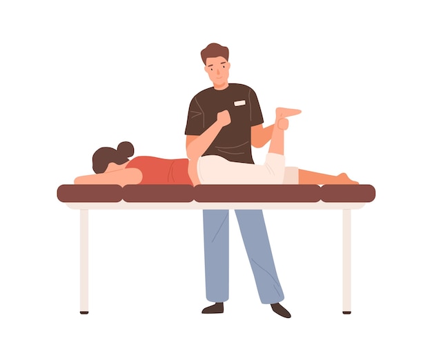 Joven masajista u osteópata masculino haciendo masaje manual. Fisioterapeuta profesional o quiropráctico trabajando. Ilustración de dibujos animados de vector plano aislado sobre fondo blanco.