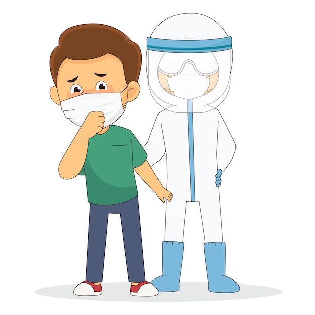 Joven con máscara y médico con traje protector contra covid 19