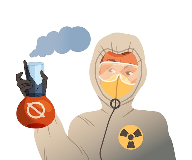Joven con máscara y traje de protección sosteniendo un frasco con ilustración de vector de prueba de emisión tóxica